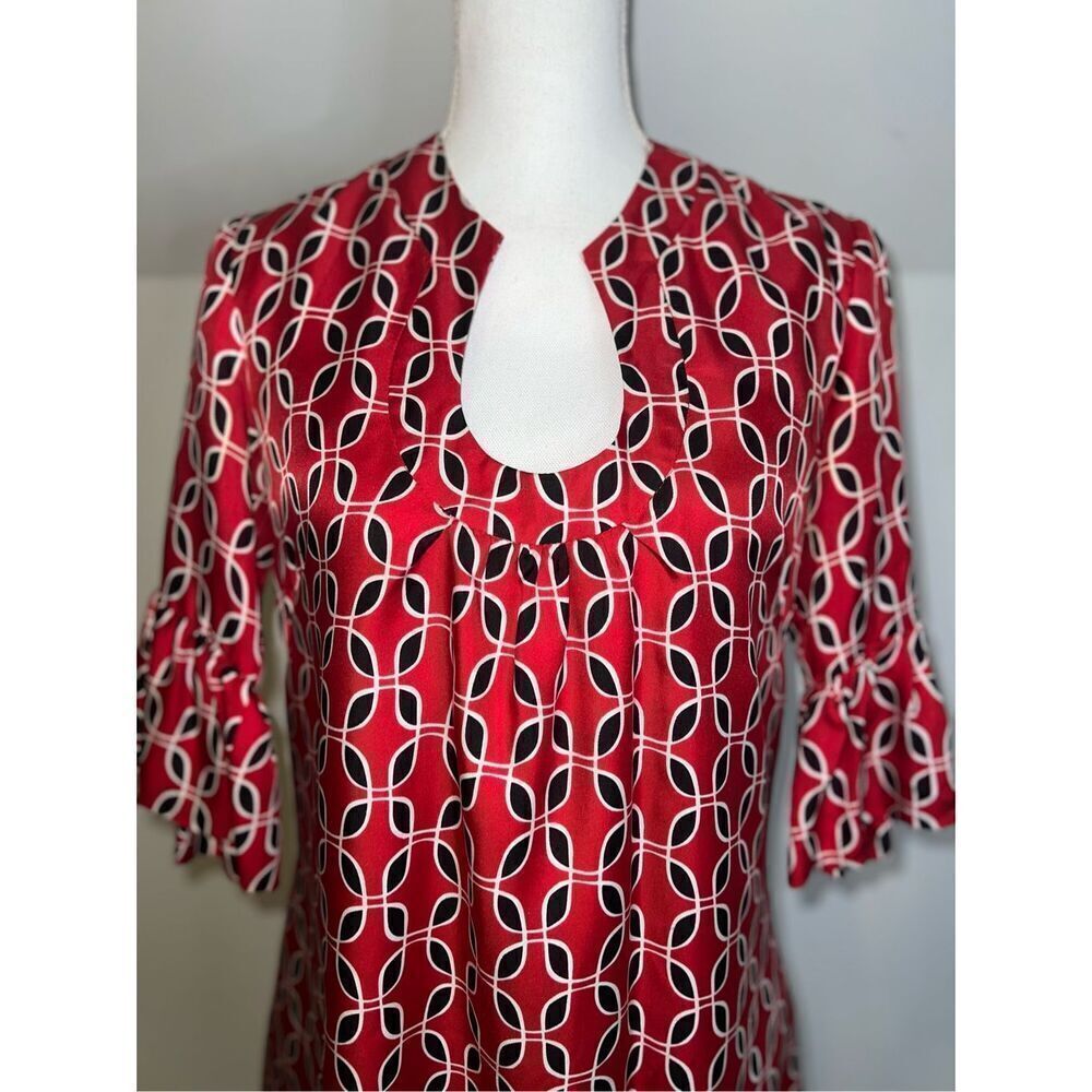 Women’s Silk Midi Belle Sleeve Dress Red & Black/White 4